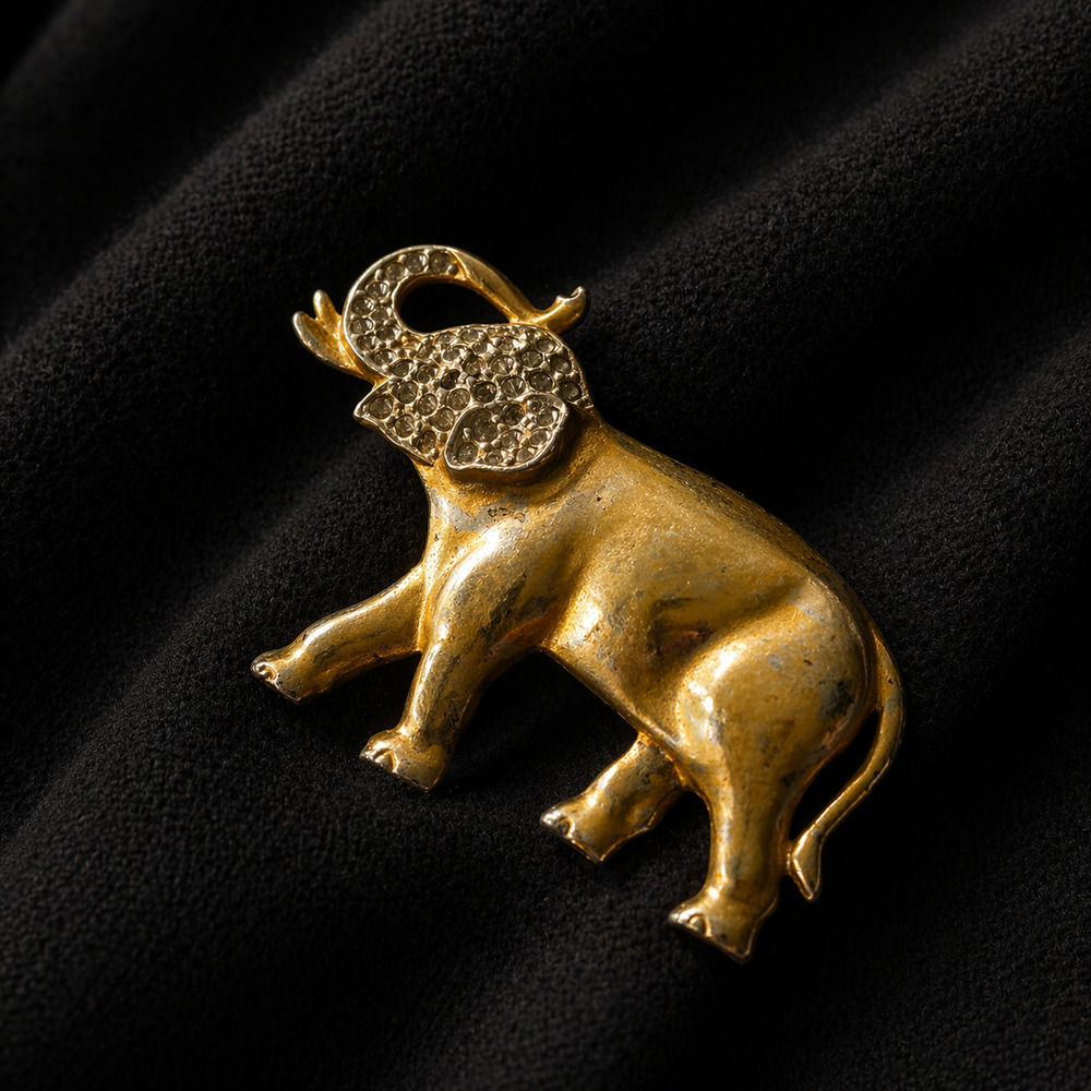 Vintage Gold Tone Elephant Brooch | Mid Century Rhinestone Animal Pin